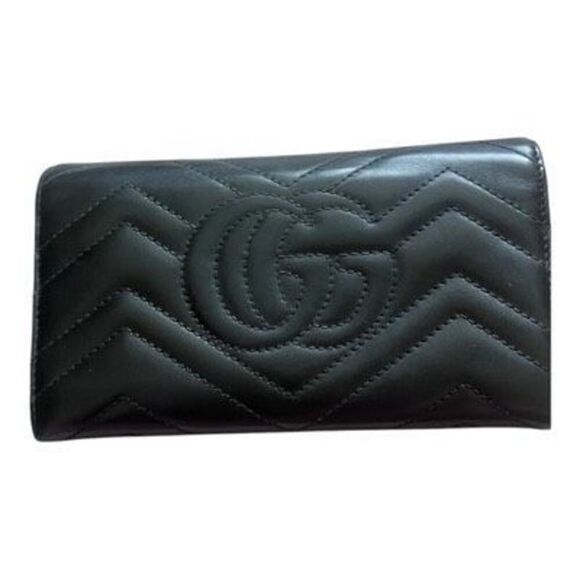 Gucci GG Marmont Matelassé Chevron Leather Flap Long Continental Wallet Black GU - Picture 2 of 5